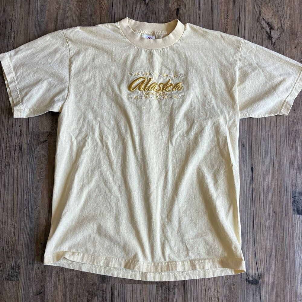 Intex Embroidered Alaska Ketchikan Yellow Cotton Crew Neck T-Shirt Womens L
